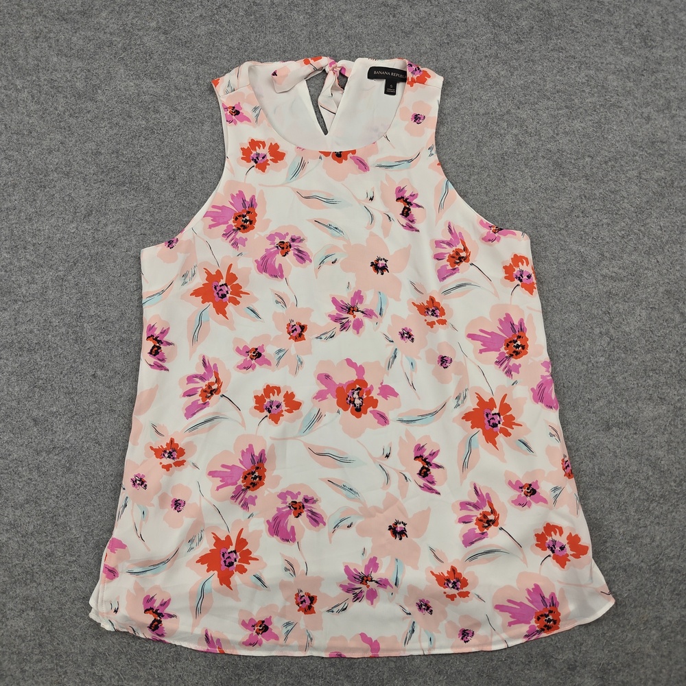 Banana Republic Blouse Womens Small White Floral Tie Scoop Neck Chiffon